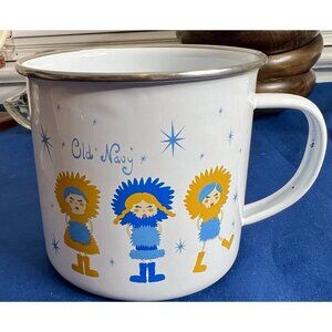Old Navy Enamel Plated Metal Cup Large Coffee Mug Blue White Camping Vintage